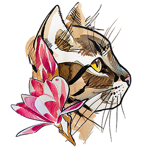 Our emblem, a watercolour portrait of a Bengal cat's head.