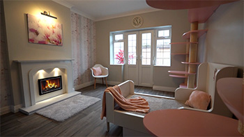 Rose or pink colour-themed cat suite showing most of the room, including fireplace, doors and windows, large bed and play wall.