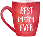 Watercolour red mug saying Best Mum Ever, the U in Mum is a heart.